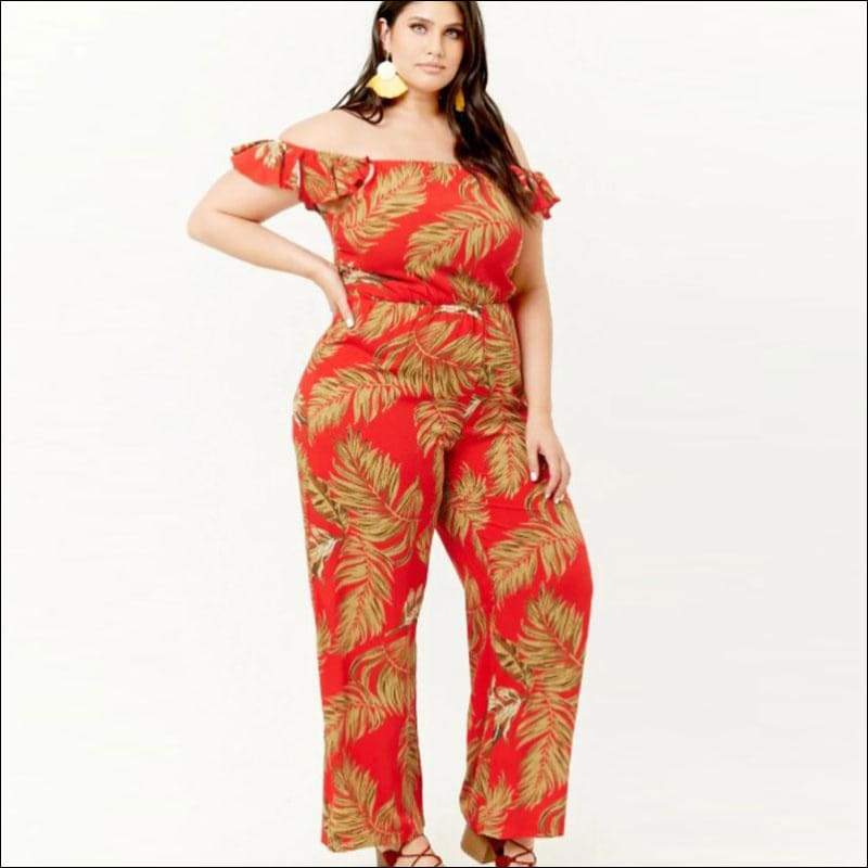 Plus Size Sexy Cool-shoulder Golden Leaf Print Jumpsuits - 
