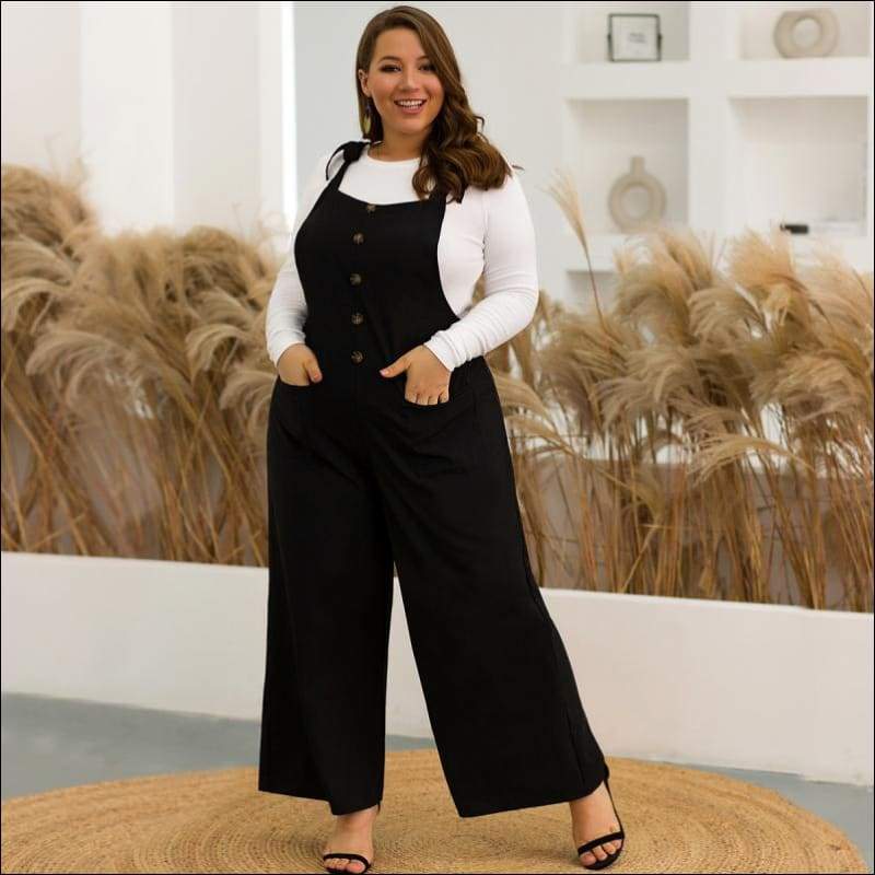 Plus Size Single-breasted Wide Leg Bib Pants - XL / Black - 