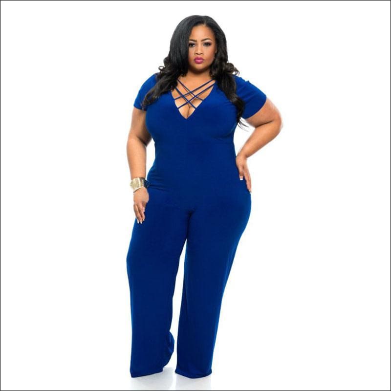 Plus Size Solid Color Short-sleeve Hollow Jumpsuits - L / 