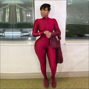 Plus Size Solid Color Zipper Stand-collar Slim Jumpsuits