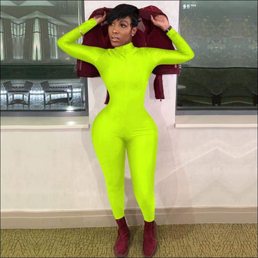Plus Size Solid Color Zipper Stand-collar Slim Jumpsuits