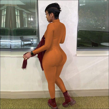 Plus Size Solid Color Zipper Stand-collar Slim Jumpsuits