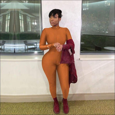 Plus Size Solid Color Zipper Stand-collar Slim Jumpsuits