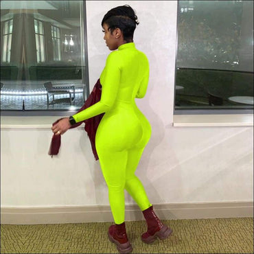 Plus Size Solid Color Zipper Stand-collar Slim Jumpsuits