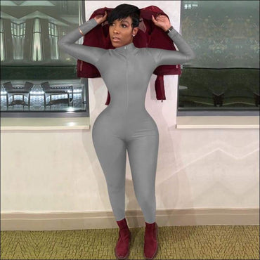 Plus Size Solid Color Zipper Stand-collar Slim Jumpsuits