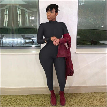 Plus Size Solid Color Zipper Stand-collar Slim Jumpsuits