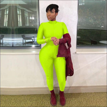 Plus Size Solid Color Zipper Stand-collar Slim Jumpsuits