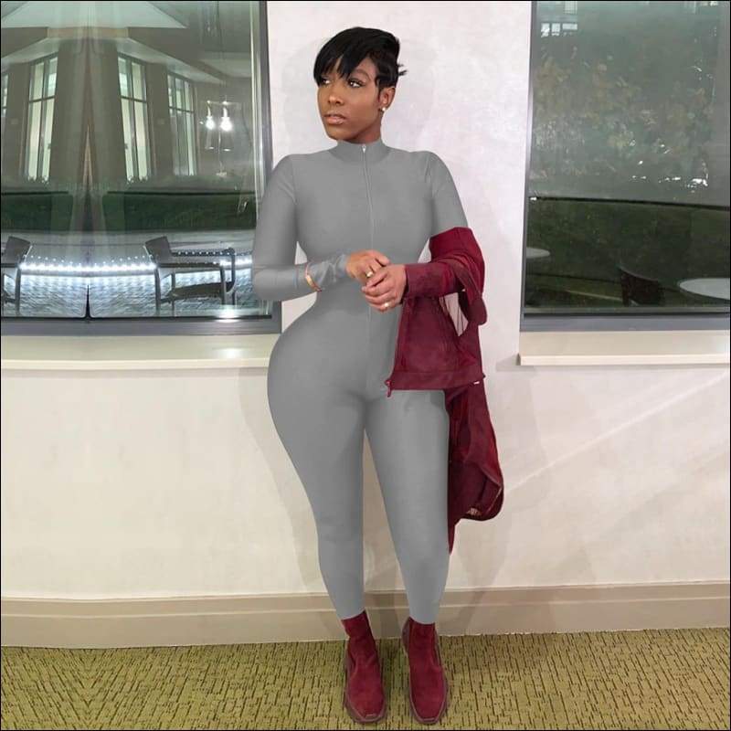 Plus Size Solid Color Zipper Stand-collar Slim Jumpsuits - S
