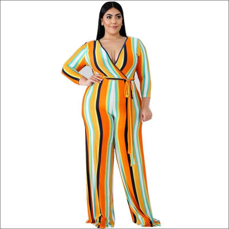 Plus Size V-neck Lace-up Long Sleeve Jumpsuits - XL / Yellow