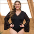 Plus Size V-neck Mesh Patchwork Flare Sleeve Bodysuits