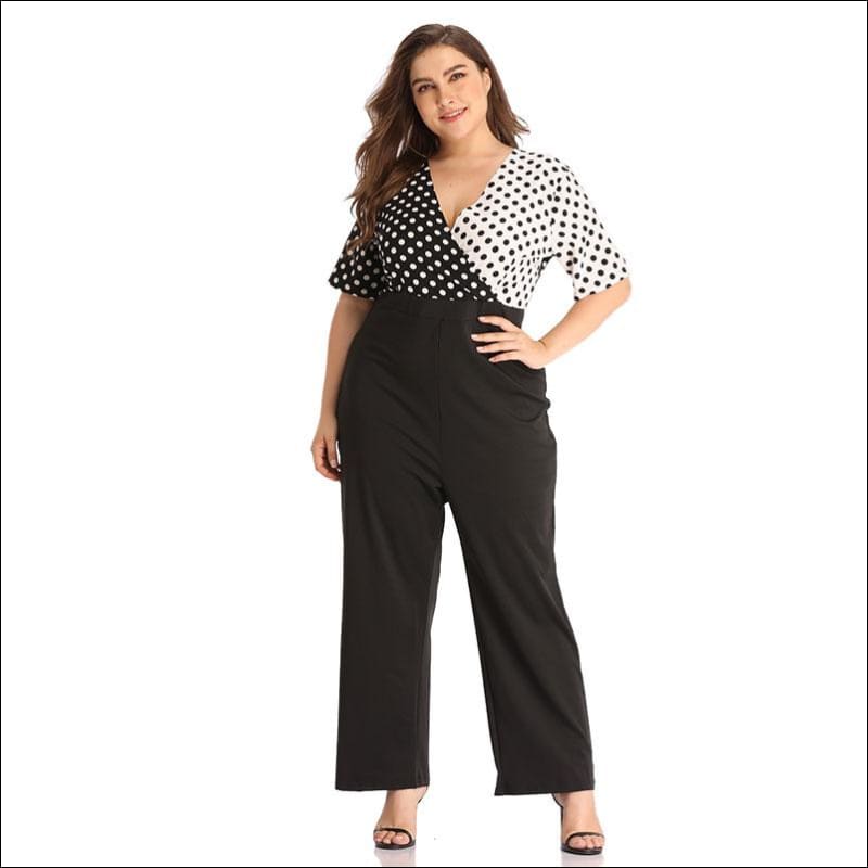 Plus Size V-neck Polka Dot Patchwork Slim Jumpsuits - L / 