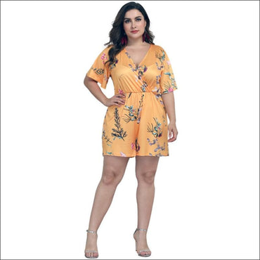 Plus Size V Neck Short-sleeve Floral Print Rompers