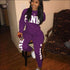 Plus Size Women Letter Print Long-sleeve Top And Pants Casual Two-piece Sets