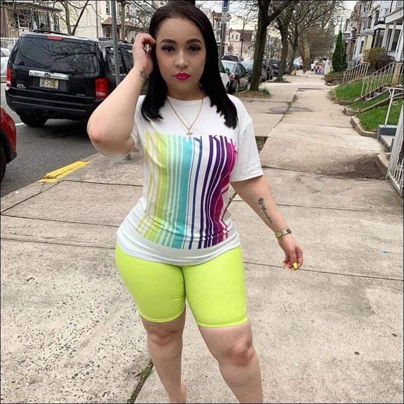 Plus Size Women Round Collar Print Top And Skinny Shorts - S