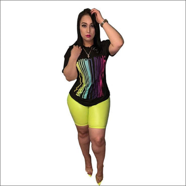 Plus Size Women Round Collar Print Top And Skinny Shorts