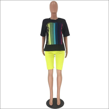 Plus Size Women Round Collar Print Top And Skinny Shorts