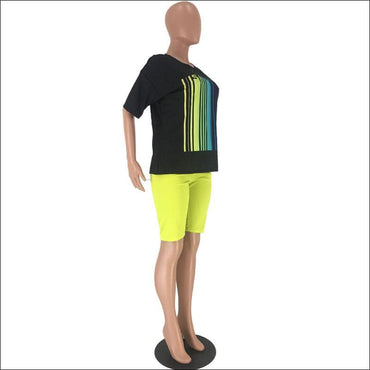 Plus Size Women Round Collar Print Top And Skinny Shorts