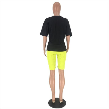 Plus Size Women Round Collar Print Top And Skinny Shorts