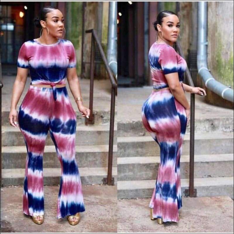 Plus Size Women Round Collar Print Top And Wide Leg Trousers