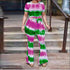 Plus Size Women Round Collar Print Top And Wide Leg Trousers Two-piece Set