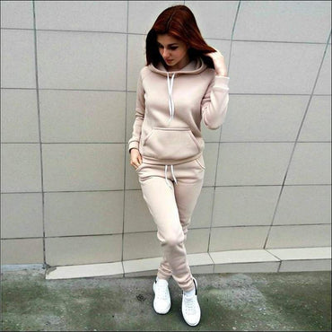 Plus Size Women Solid Color Drawstring Long Sleeve Pocket Design Hoodie And Pants