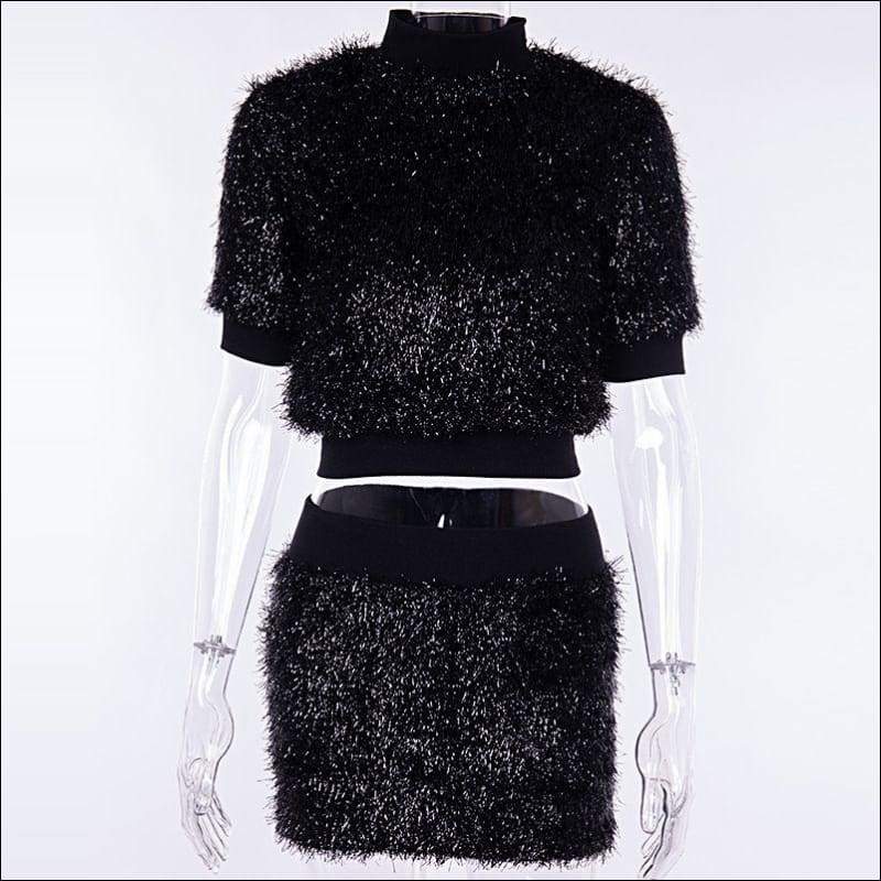 Plush Short-sleeve Crop Tops Mini Dress Set - Sets Co-ords