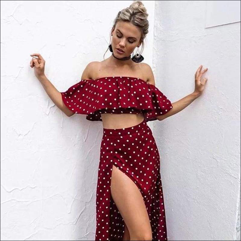 Polka Dot Printed Crop Top High-waisted Side-slit Dress Set 