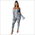 Print Hollow Off-the-Shoulder Long-sleeve Tight Jumpsuits