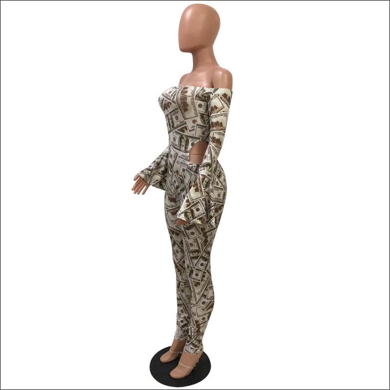 Print Hollow Off-the-Shoulder Long-sleeve Tight Jumpsuits - 