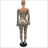 Print Hollow Off-the-Shoulder Long-sleeve Tight Jumpsuits