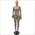 Print Hollow Off-the-Shoulder Long-sleeve Tight Jumpsuits