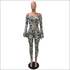 Print Hollow Off-the-Shoulder Long-sleeve Tight Jumpsuits