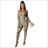 Print Hollow Off-the-Shoulder Long-sleeve Tight Jumpsuits