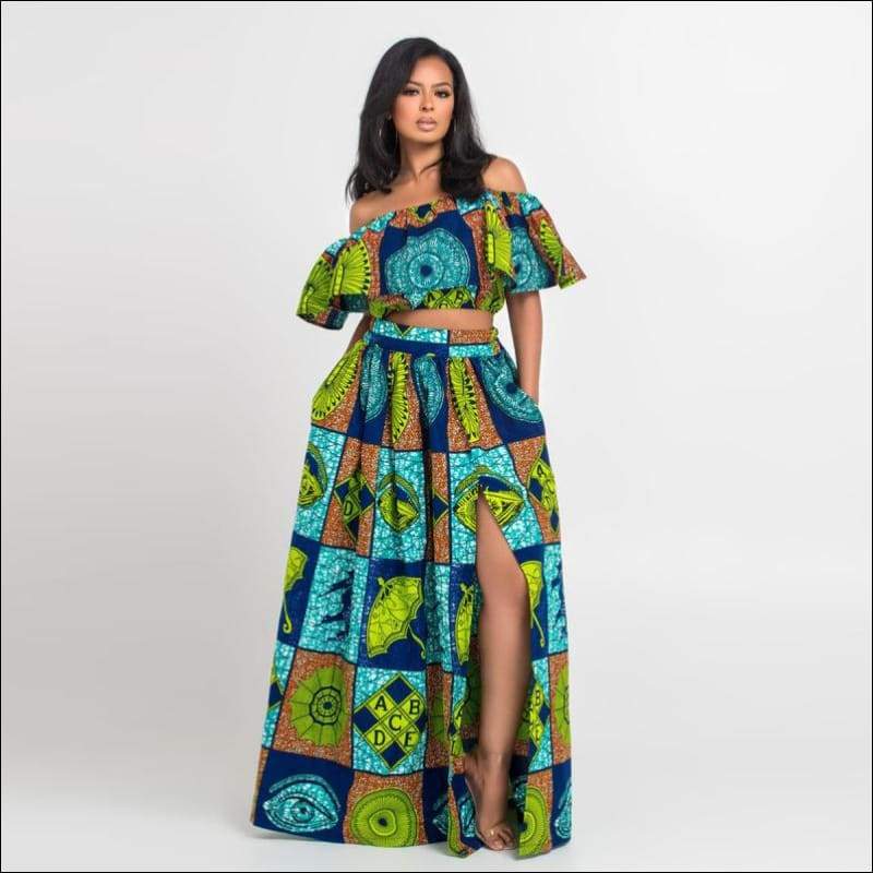 Print Off-the-Shoulder Crop Top And Side-slit Long Skirt - S
