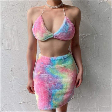 Rainbow Color Plush Crop Top And Bodycon Skirt