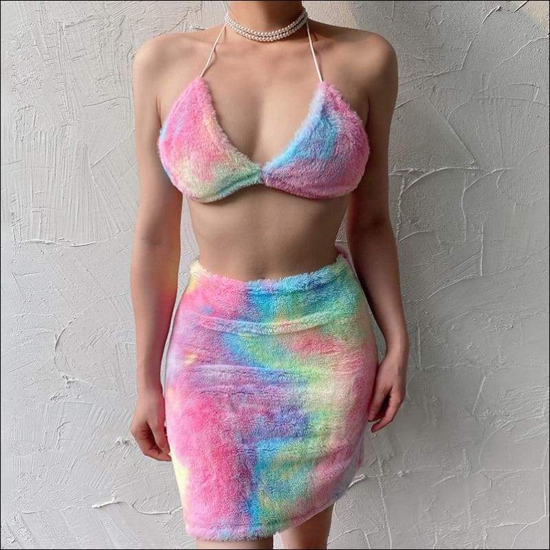 Rainbow Color Plush Crop Top And Bodycon Skirt - S / Rainbow