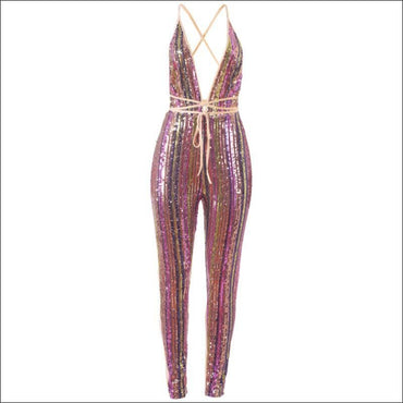 Rainbow Color Stripes Deep V Neck Jumpsuits