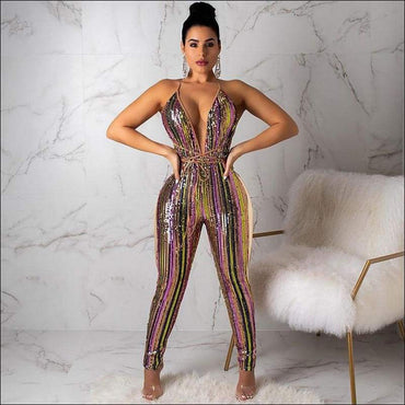 Rainbow Color Stripes Deep V Neck Jumpsuits