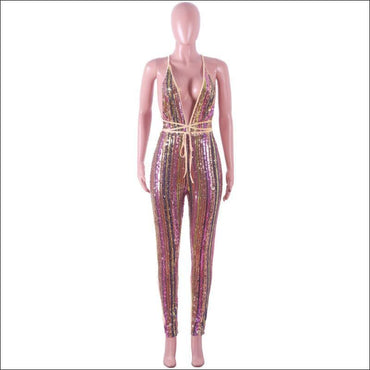 Rainbow Color Stripes Deep V Neck Jumpsuits