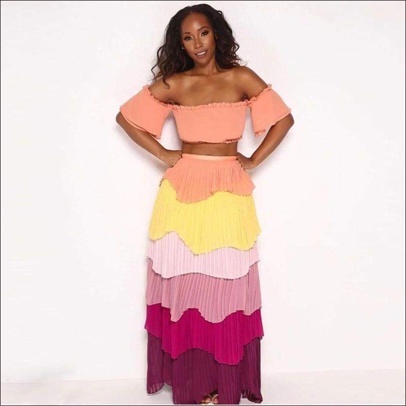 Rainbow Unique Design Off-shoulder Maxi Skirt Set - S / Pink