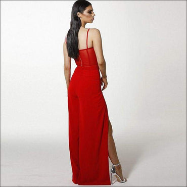 Red Color Mesh Patchwork Cropped Elegant Camis Side-slit Pants Set
