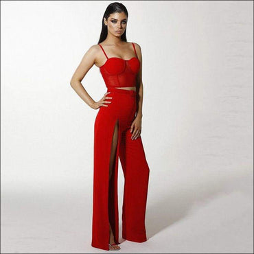 Red Color Mesh Patchwork Cropped Elegant Camis Side-slit Pants Set