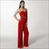 Red Color Mesh Patchwork Cropped Elegant Camis Side-slit Pants Set