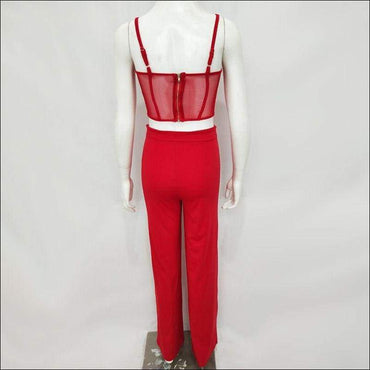 Red Color Mesh Patchwork Cropped Elegant Camis Side-slit Pants Set