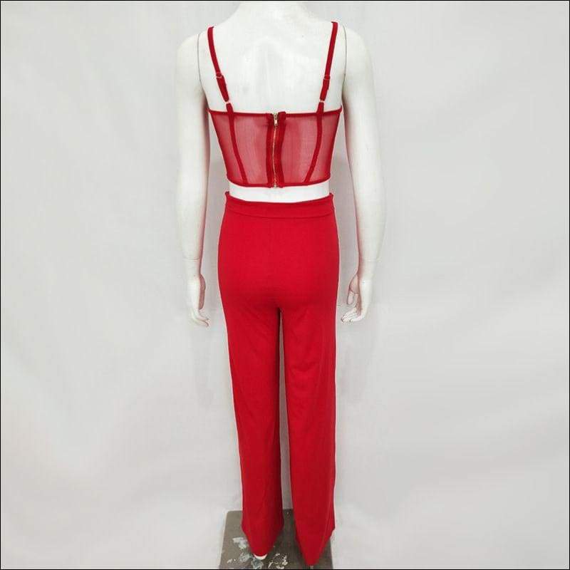 Red Color Mesh Patchwork Cropped Elegant Camis Side-slit 