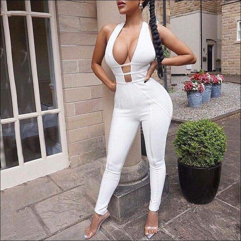 Rib-knit Pattern Cut Out Sleeveless Jumpsuits - S / White - 