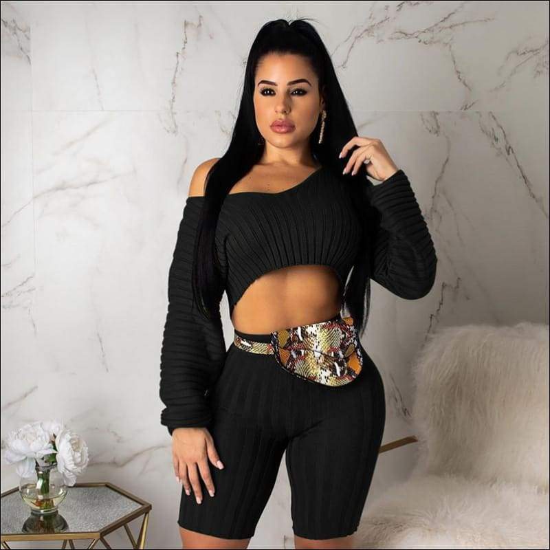 Rib Knit Pattern Long Sleeve Medium Length Shorts Set - Sets