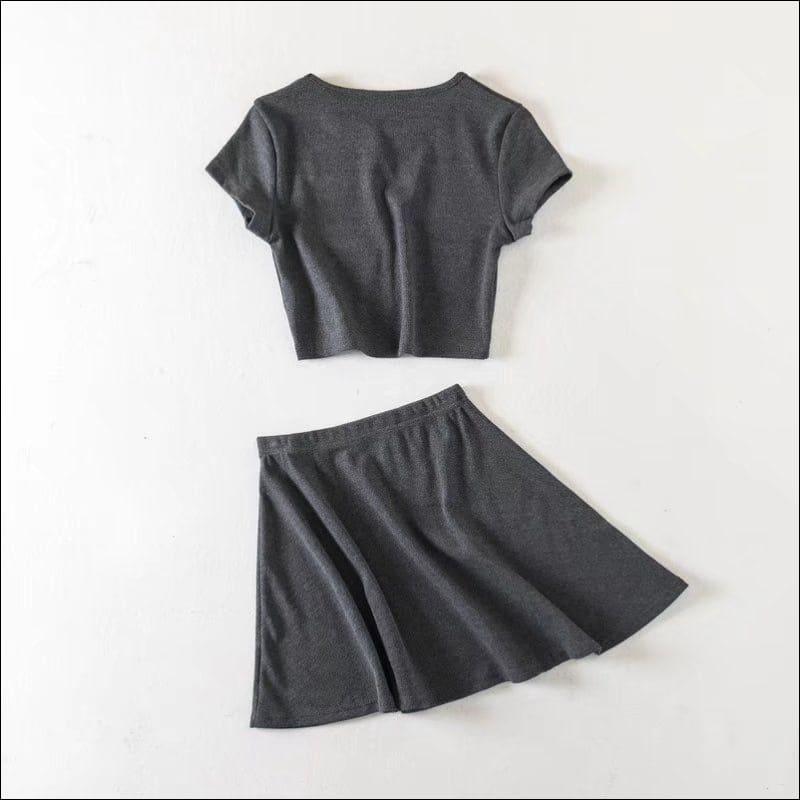Rib-knit Pattern Short-sleeve Crop Top Mini Skirt - F / Grey