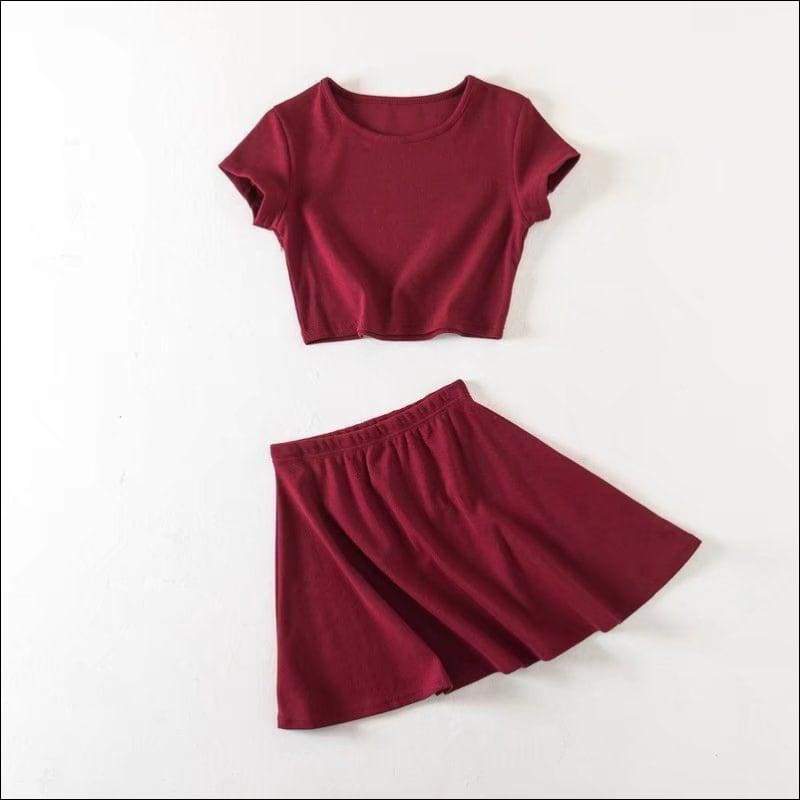 Rib-knit Pattern Short-sleeve Crop Top Mini Skirt - F / Red 