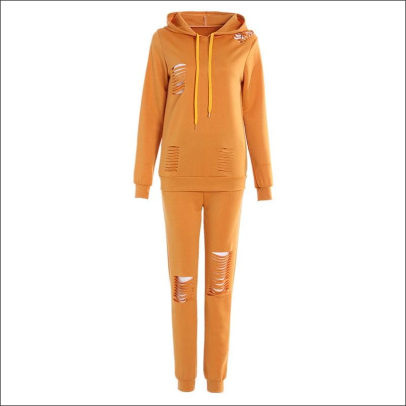 Ripped Design Long-sleeve Hoodie And Pants Casual Two-piece 